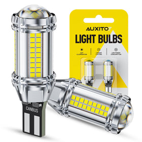 AUXITO front view of 921 LED bulb packaging showing model and brightness benefits