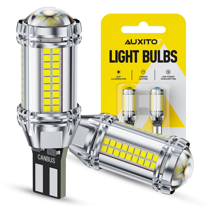 AUXITO front view of 921 LED bulb packaging showing model and brightness benefits