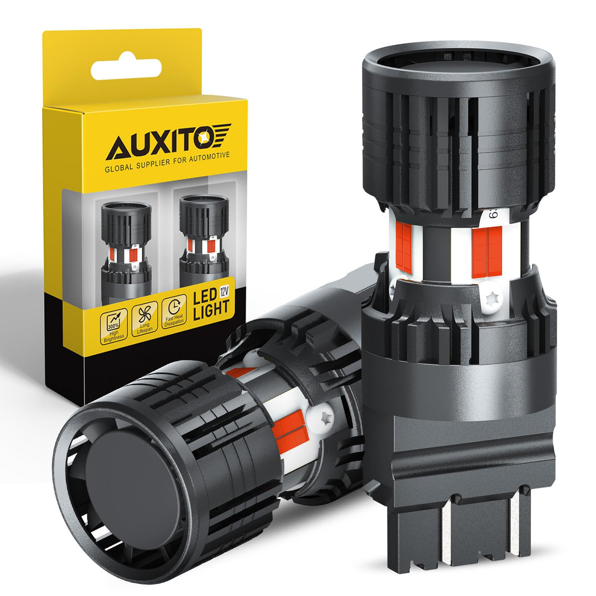 AUXITO front view red 3157 bulb showing bright signaling benefit