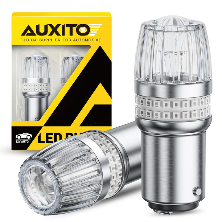 AUXITO front view of red LED bulb showing bright projector lens and improved signaling