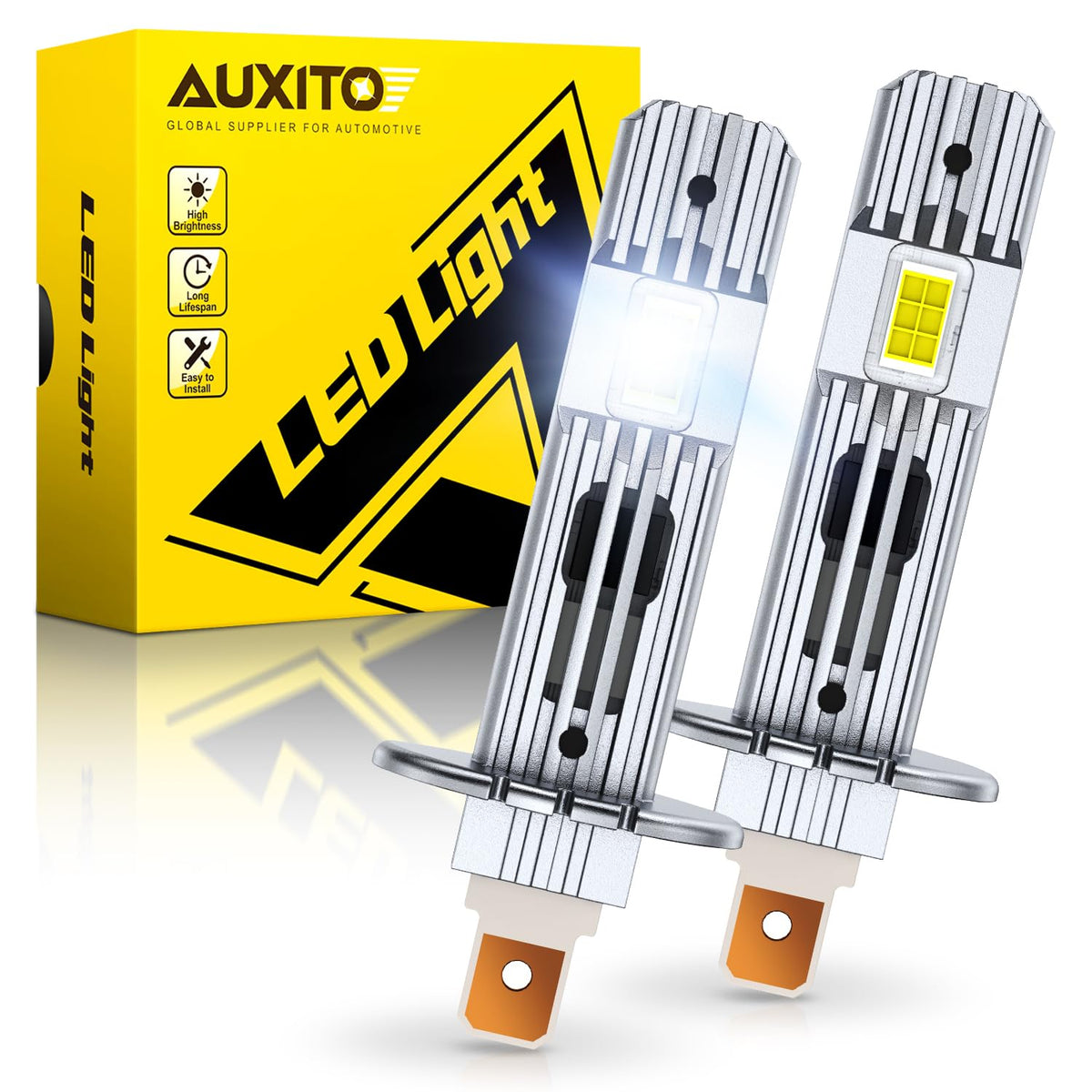AUXITO H1 bulb front packaging showing product and benefits
