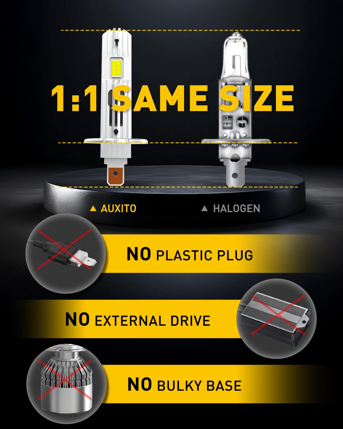 AUXITO H1 bulb installed in vehicle headlight, showing clean plug-and-play replacement