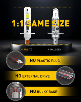 AUXITO H1 bulb installed in vehicle headlight, showing clean plug-and-play replacement