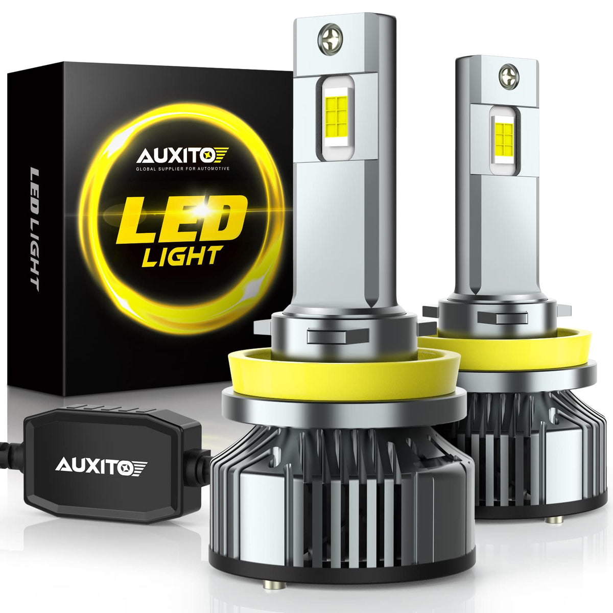 AUXITO front angle view showing dual H11 bulbs and packaging, highlights quick upgrade benefit