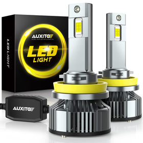 AUXITO front angle view showing dual H11 bulbs and packaging, highlights quick upgrade benefit