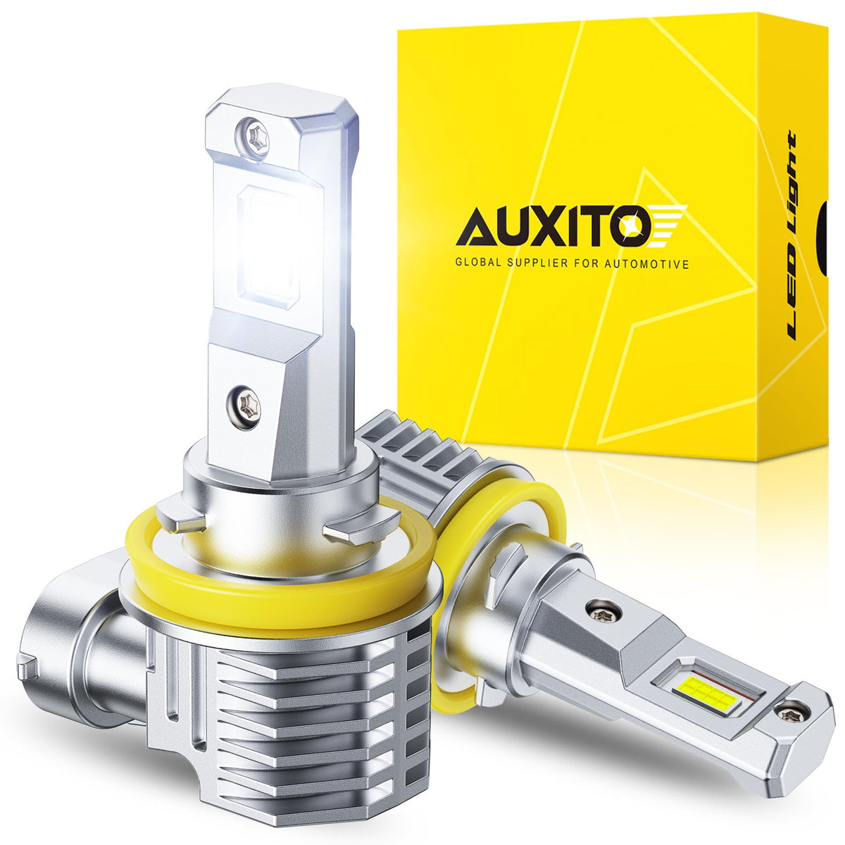 AUXITO H11 front view pack of two showing compact plug-and-play design and bright white output