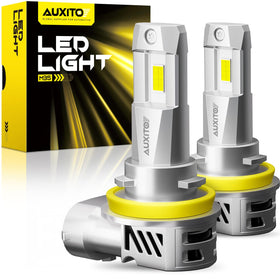 AUXITO front view of two H11 bulbs in retail pack showing clear labeling and compact size