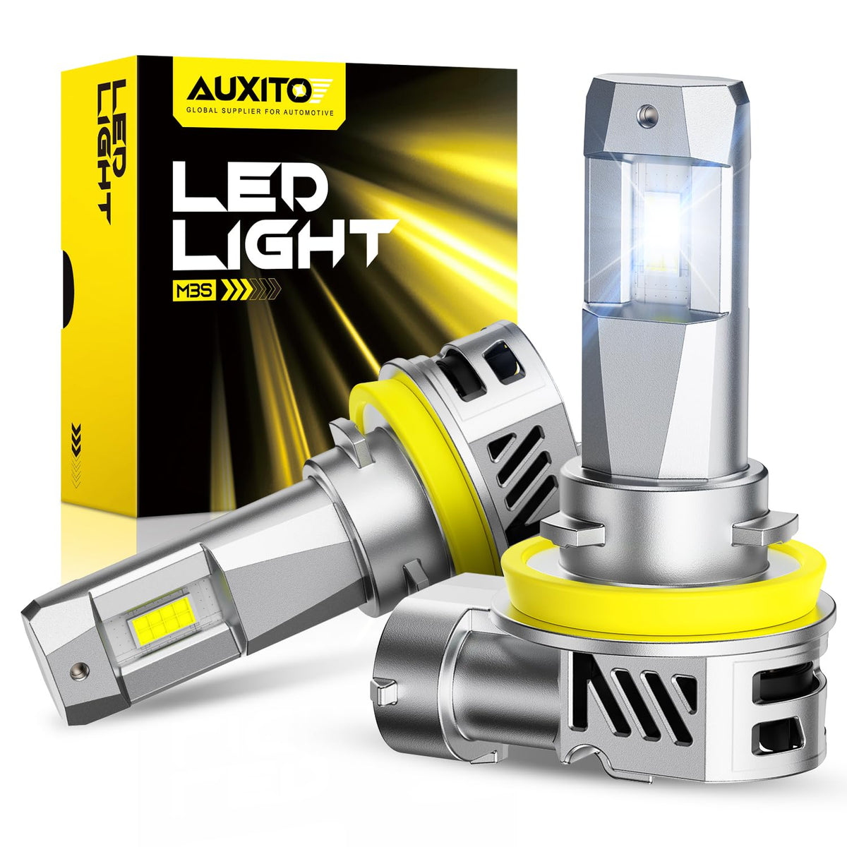 AUXITO front view of H11 bulb showcasing compact design and plug-and-play ease