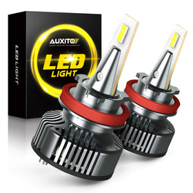 AUXITO H11 front view showing bright LED tips and compact profile for easy installation