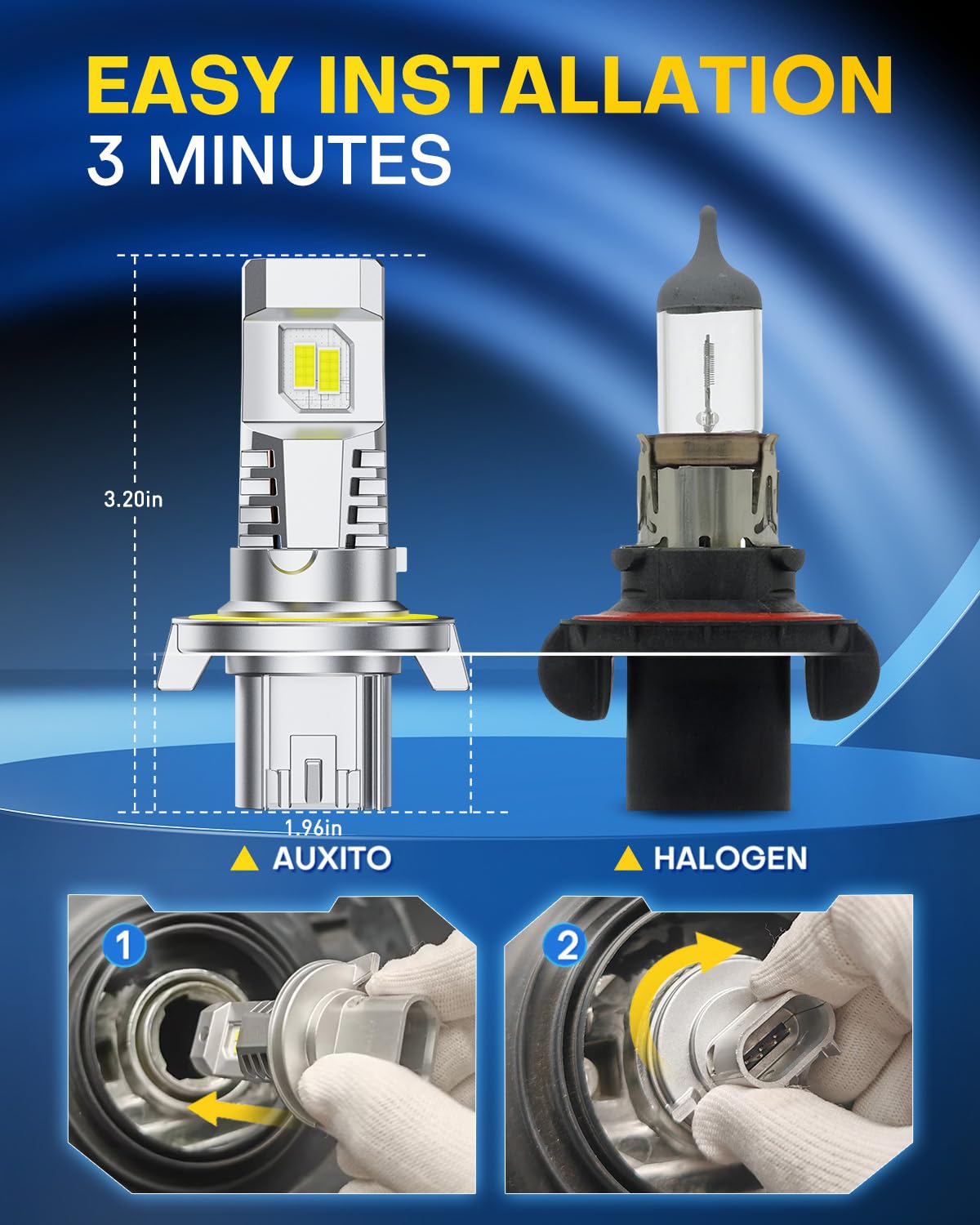 AUXITO beside a halogen bulb for size comparison, identical 1:1 fit