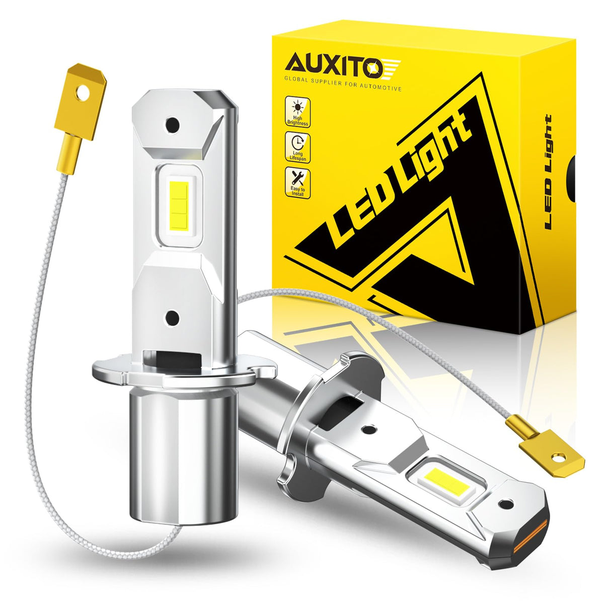AUXITO H3 front packaging showing pack of two bulbs and benefits
