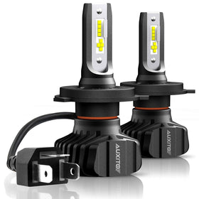AUXITO front view of H4 9003 bulbs showing packaging and plug-and-play benefit