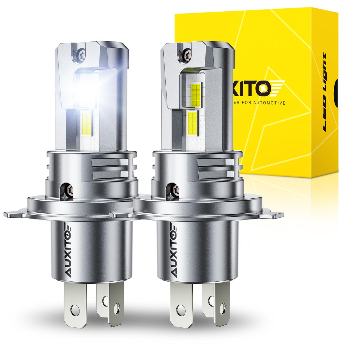AUXITO H4 9003 front view showing plug-and-play fit and bright design for easy upgrade