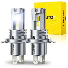 AUXITO H4 9003 front view showing plug-and-play fit and bright design for easy upgrade