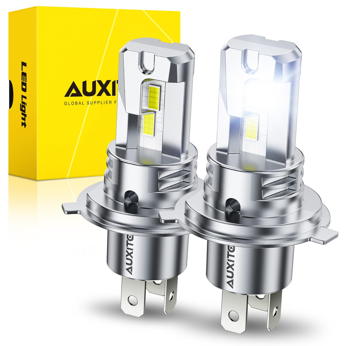AUXITO H4 front view showing bulb shape and plug, quick install benefit