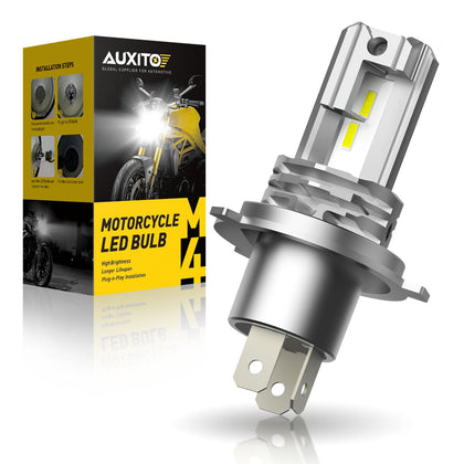 AUXITO H4 front view showing bulb fitment and clear plug-and-play benefit