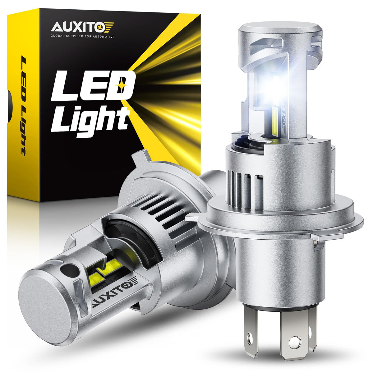 AUXITO H4 front view showing bright twin-LED heads and compact design for easy fit