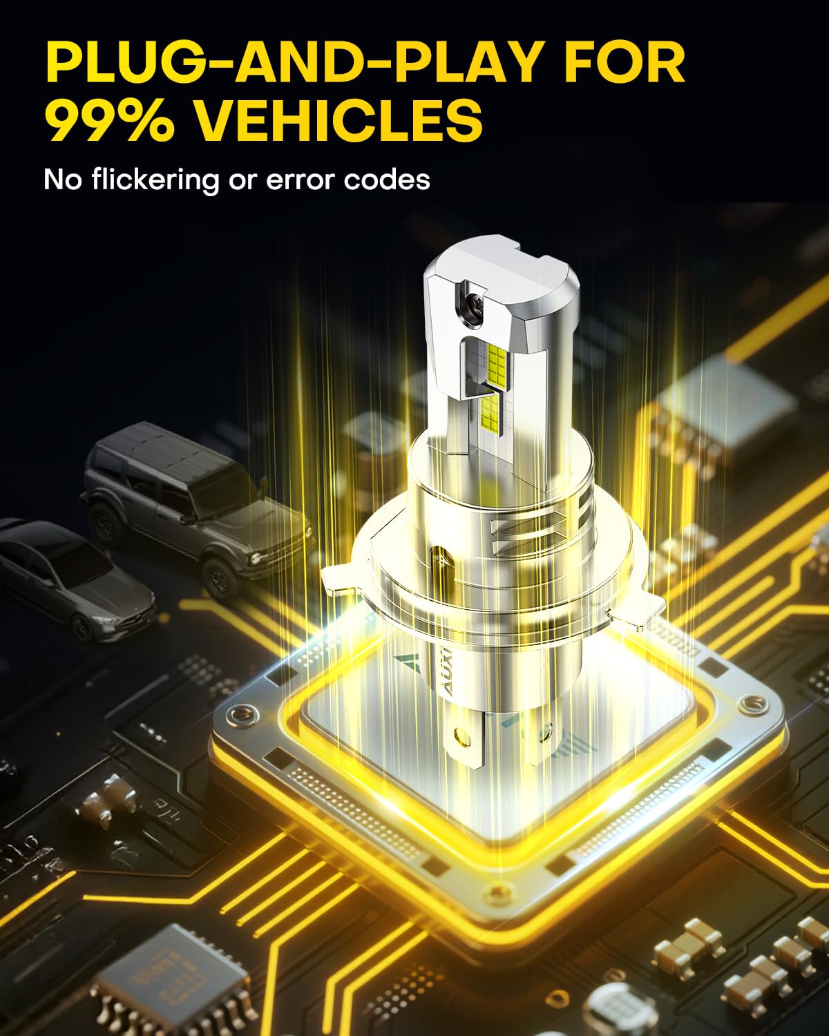 AUXITO beside a halogen bulb showing compact 1:1 design for straightforward swap