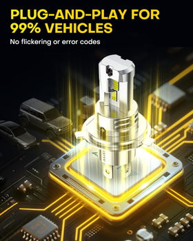 AUXITO beside a halogen bulb showing compact 1:1 design for straightforward swap