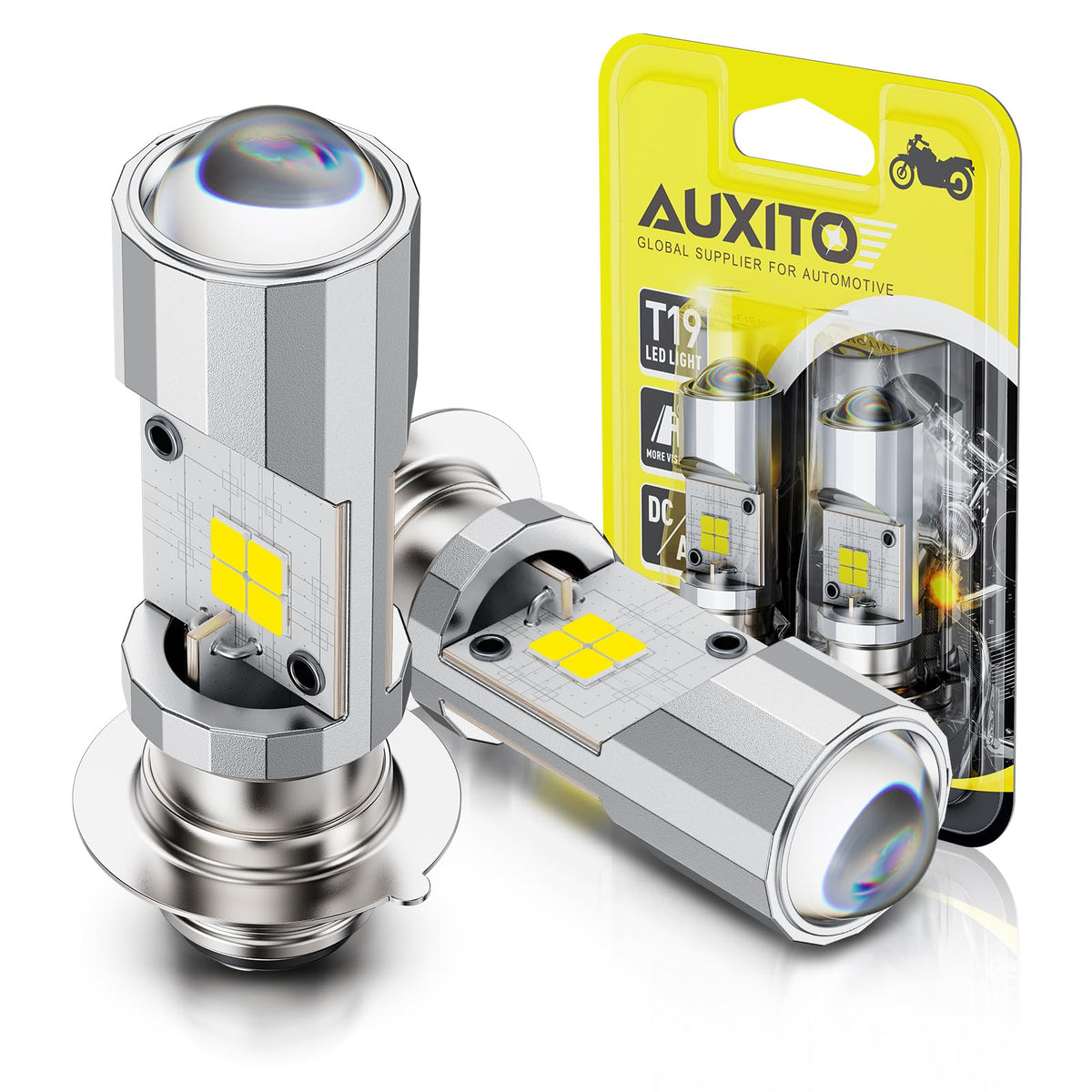 AUXITO front view of H6M bulbs showing plug-and-play fit and improved visibility