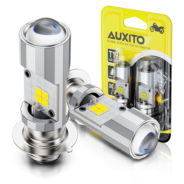 AUXITO front view of H6M bulbs showing plug-and-play fit and improved visibility