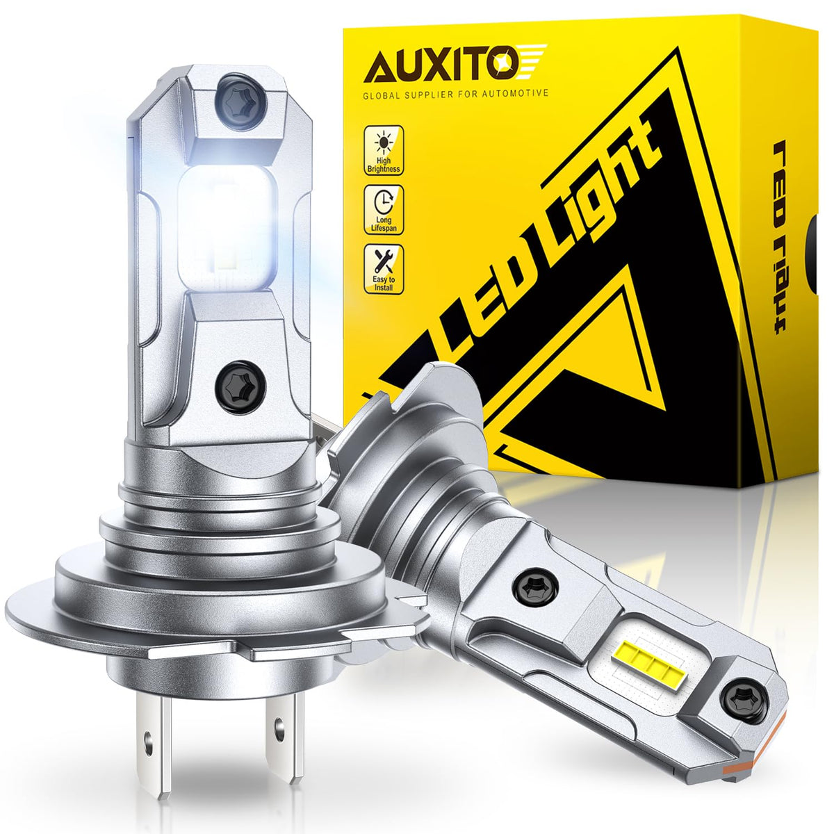 AUXITO H7 front packaging showing product pair and quick install benefit