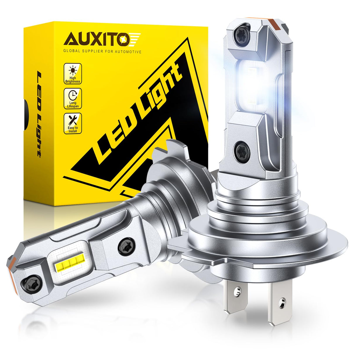 AUXITO H7 front view of twin-pack showing bright-white upgrade benefit