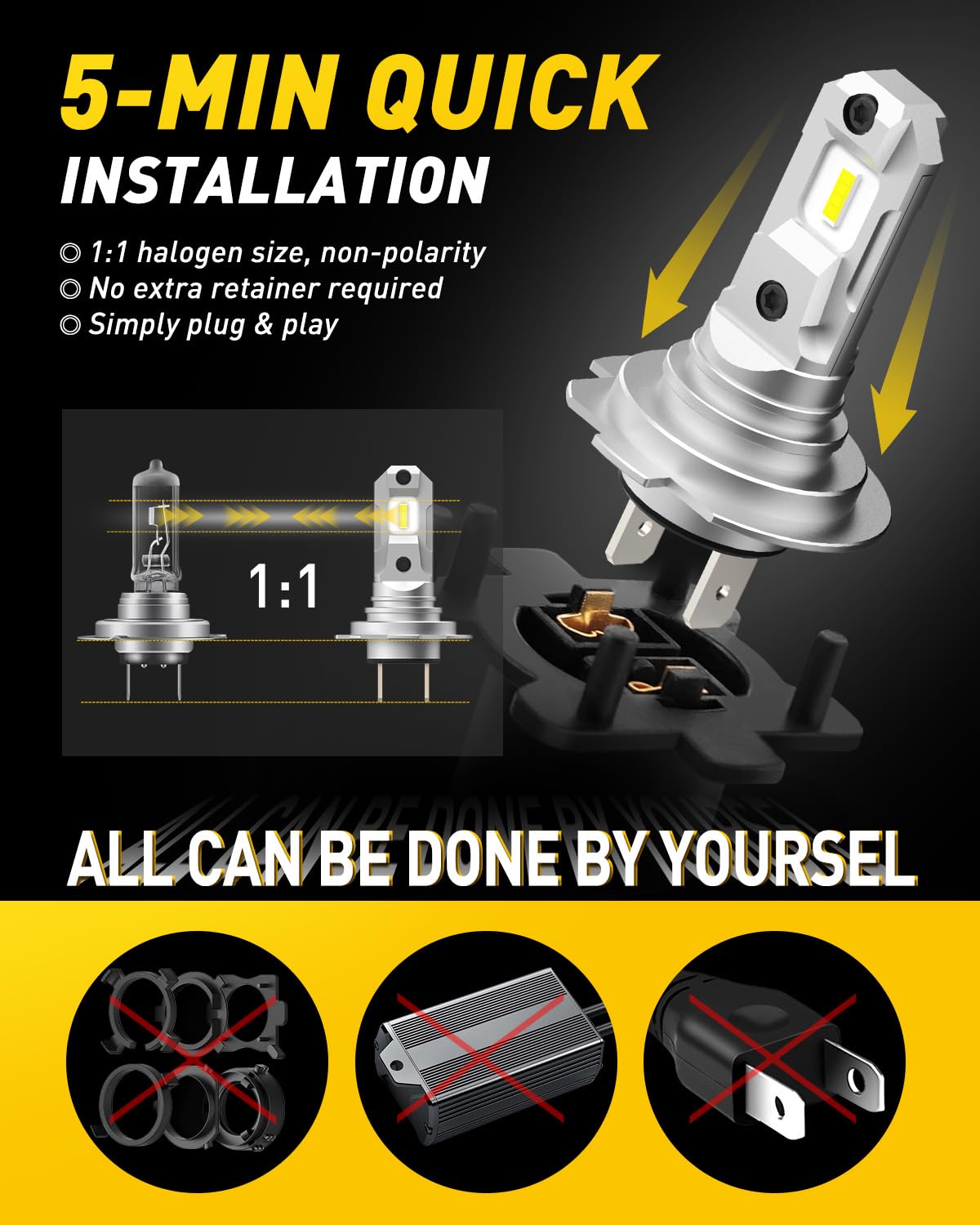 AUXITO H7 installed in headlight housing demonstrating plug-and-play fit