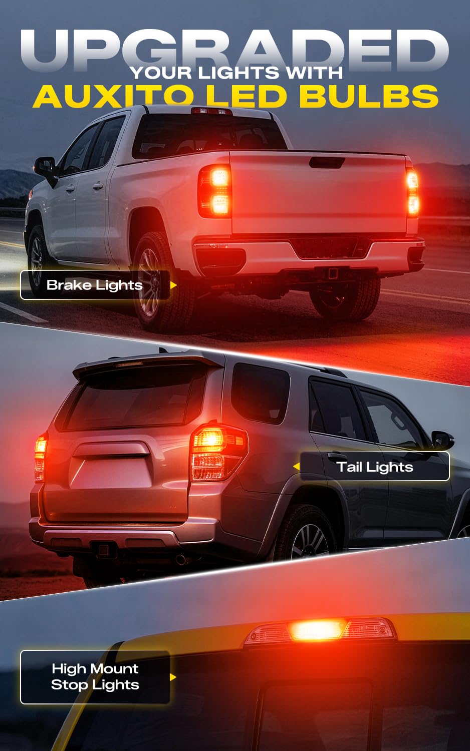 AUXITO installed in a car brake housing showing vivid red stop light, improved visibility