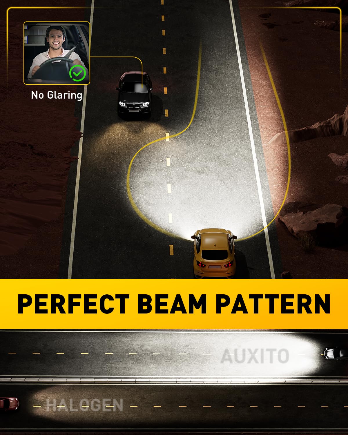 AUXITO bulbs installed in a vehicle headlight illustrating brighter road view