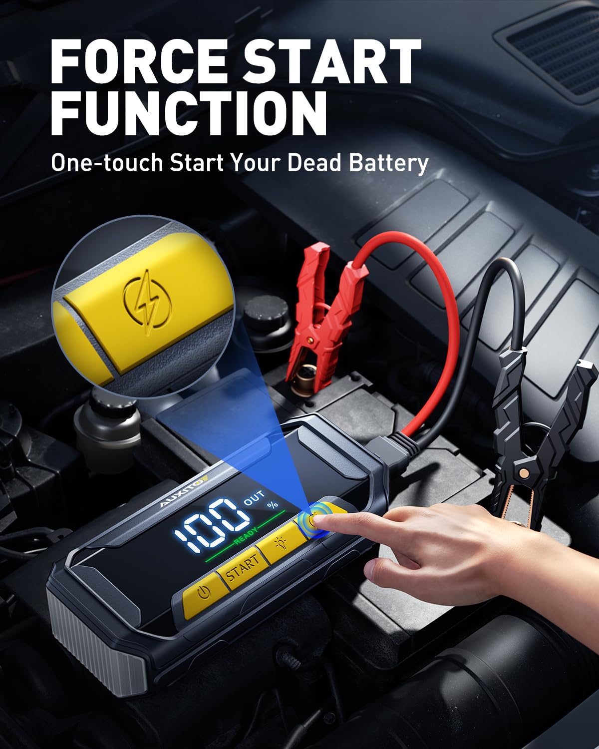 AUXITO large LCD display detail showing voltage and battery percentage for clear guidance