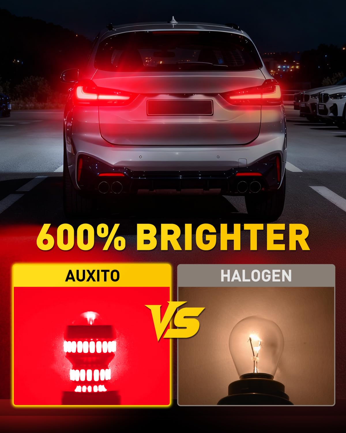 AUXITO bulbs illuminating a vehicle at night for improved rear visibility