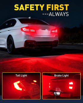 AUXITO nighttime road view of red bulbs showing enhanced brake light visibility
