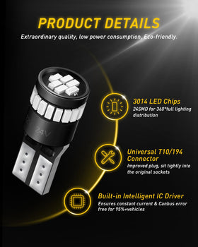 AUXITO side profile of T10 wedge showing compact dimensions and easy install