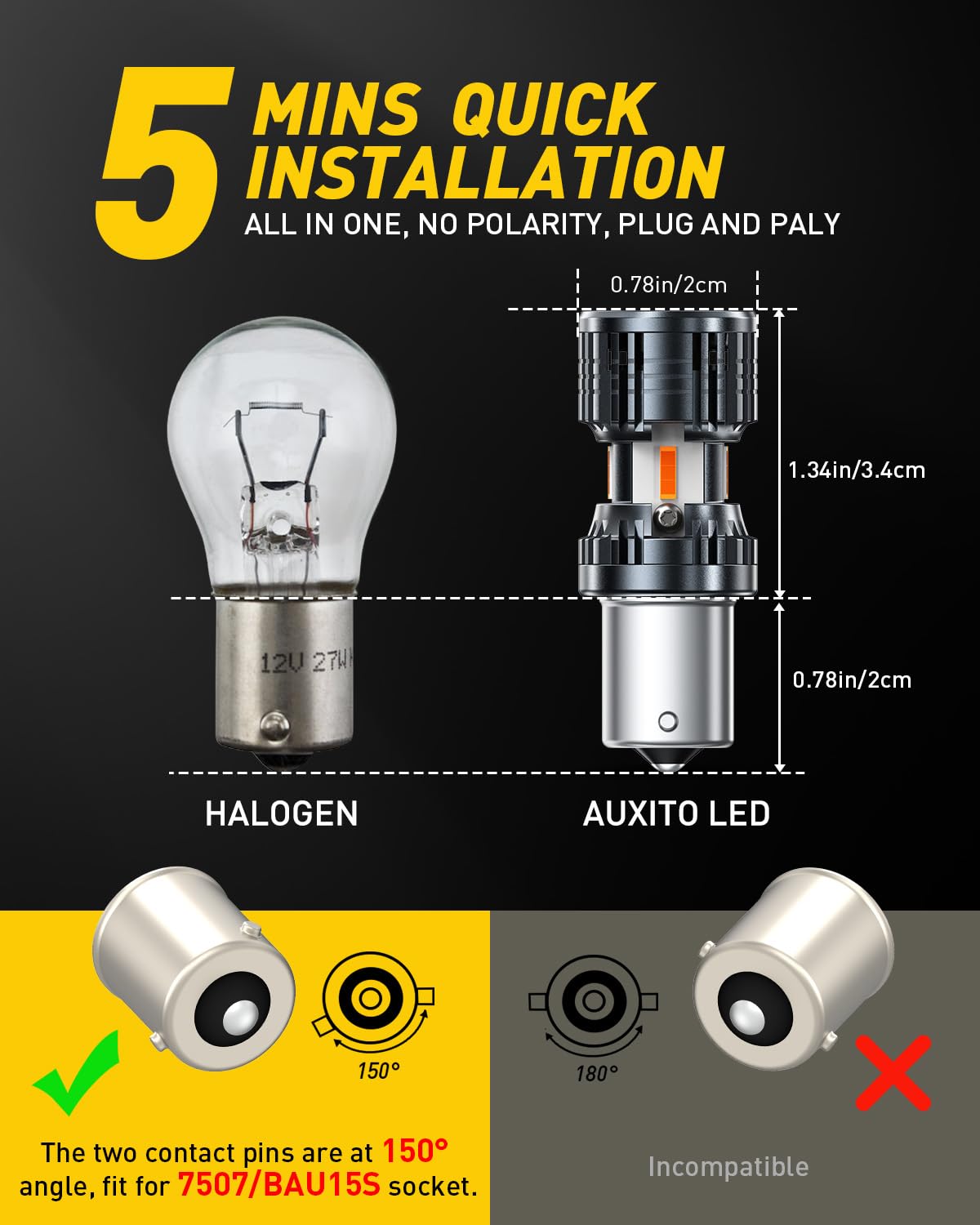 AUXITO bulb beside a 1156 socket for scale and fitment confirmation benefit