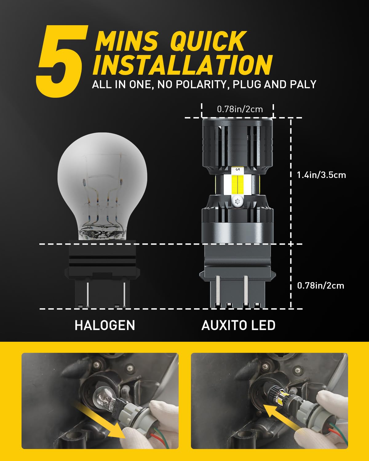 AUXITO bulb held in hand for scale showing compact size and easy installation