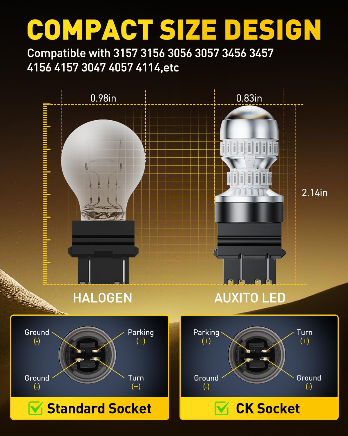 AUXITO bulb beside ruler showing compact OEM-compatible size advantage