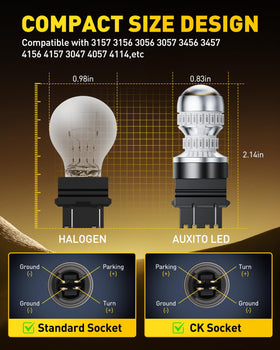 AUXITO bulb beside ruler showing compact OEM-compatible size advantage