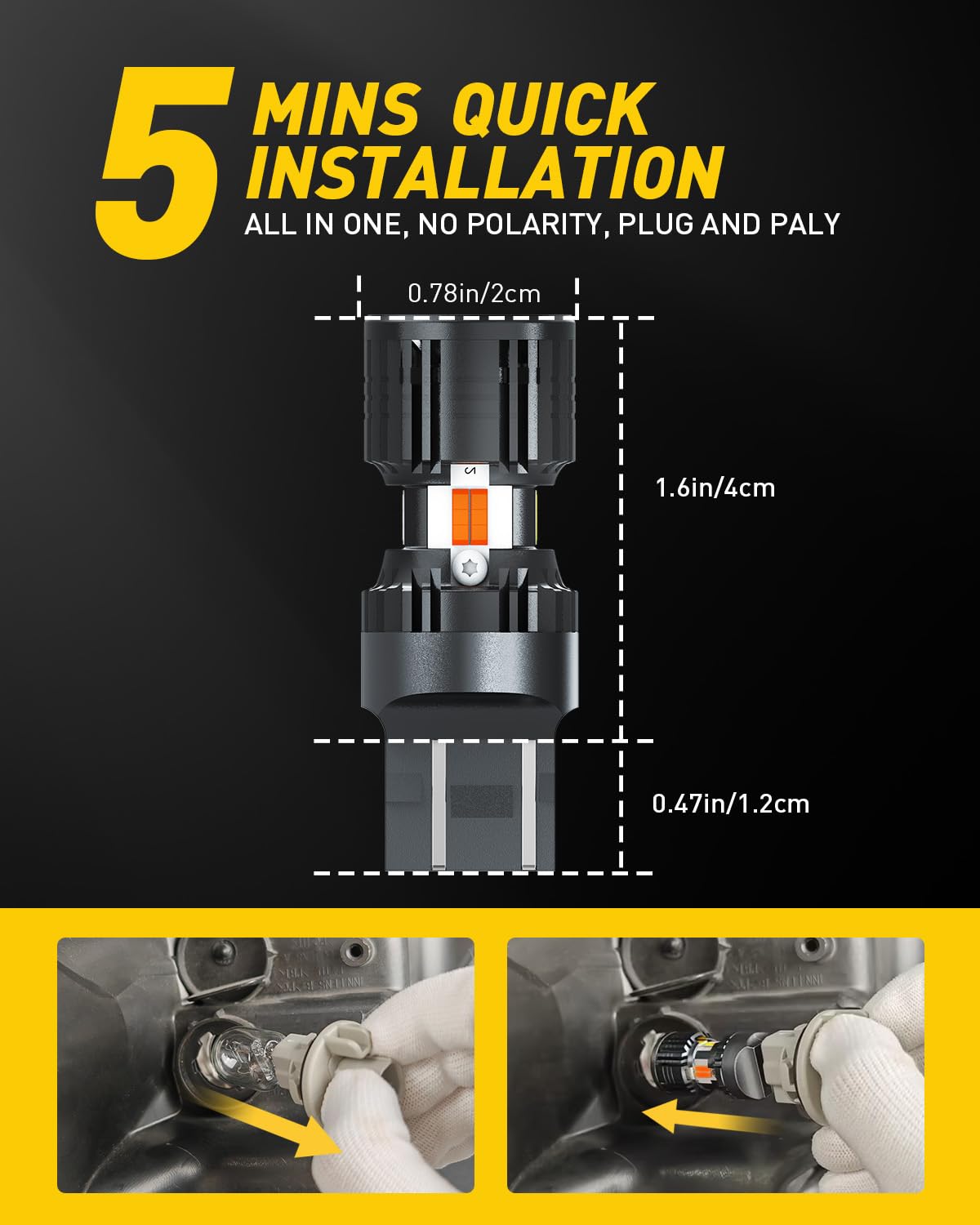 AUXITO bulb beside ruler showing compact T20 size for easy socket fitment
