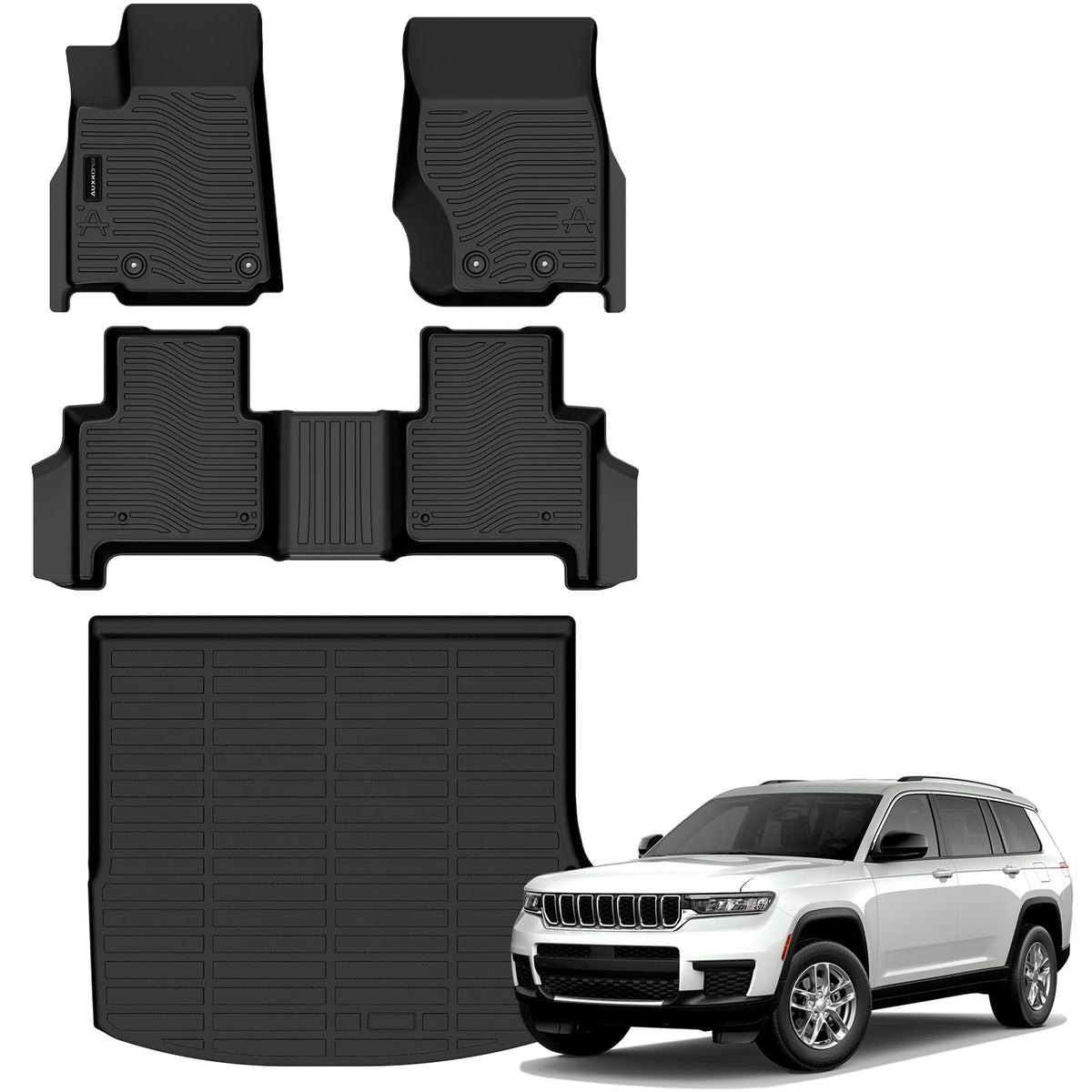AUXKO front mats fitted to Grand Cherokee front footwells showing precise coverage and protection