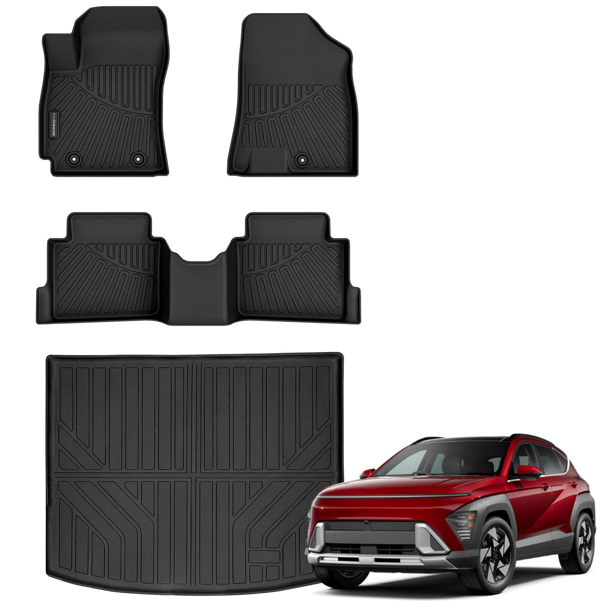AUXKO cargo mat front view showing precise fit and full coverage benefit