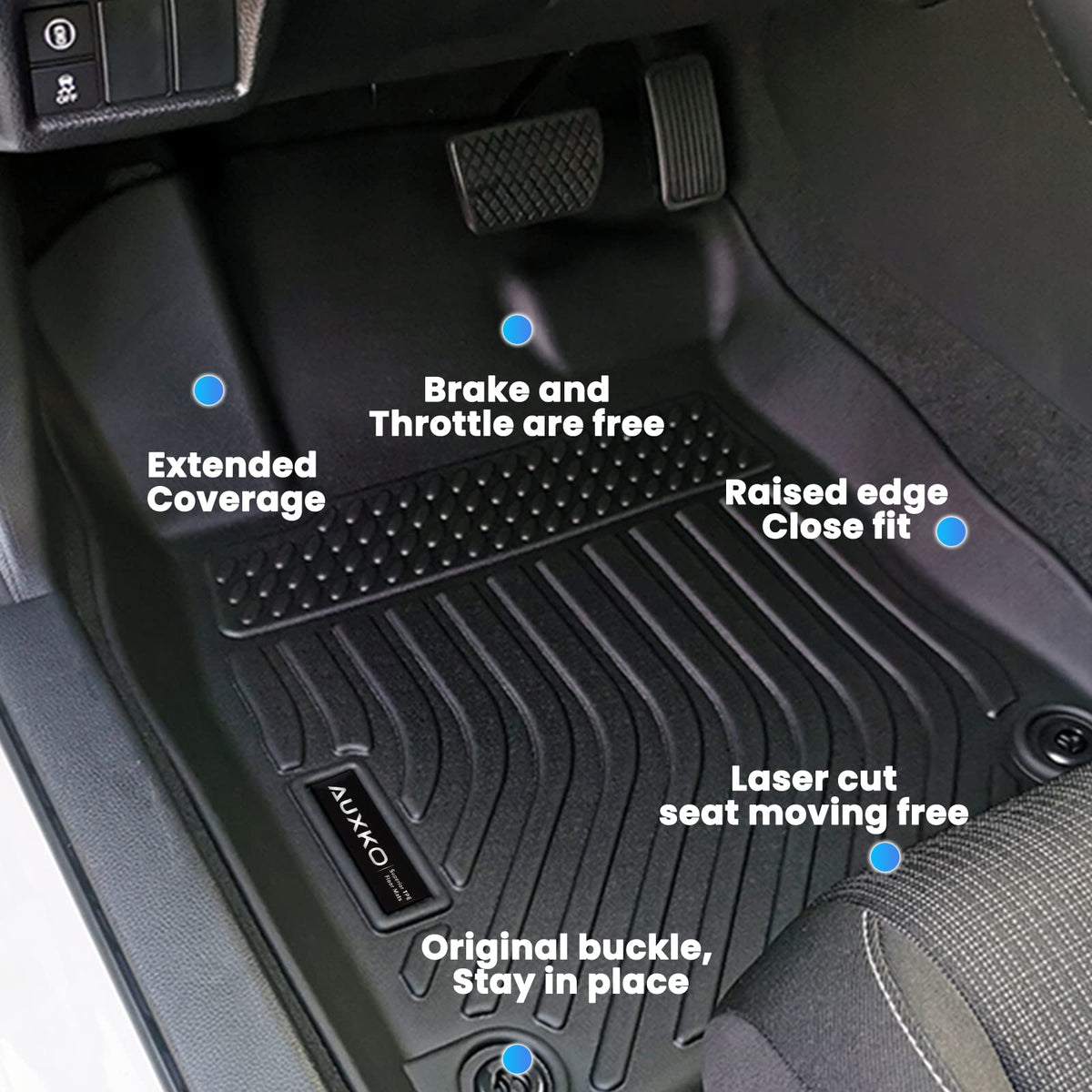 AUXKO mats in a Civic with mud and snow demonstrating containment and easy cleanup