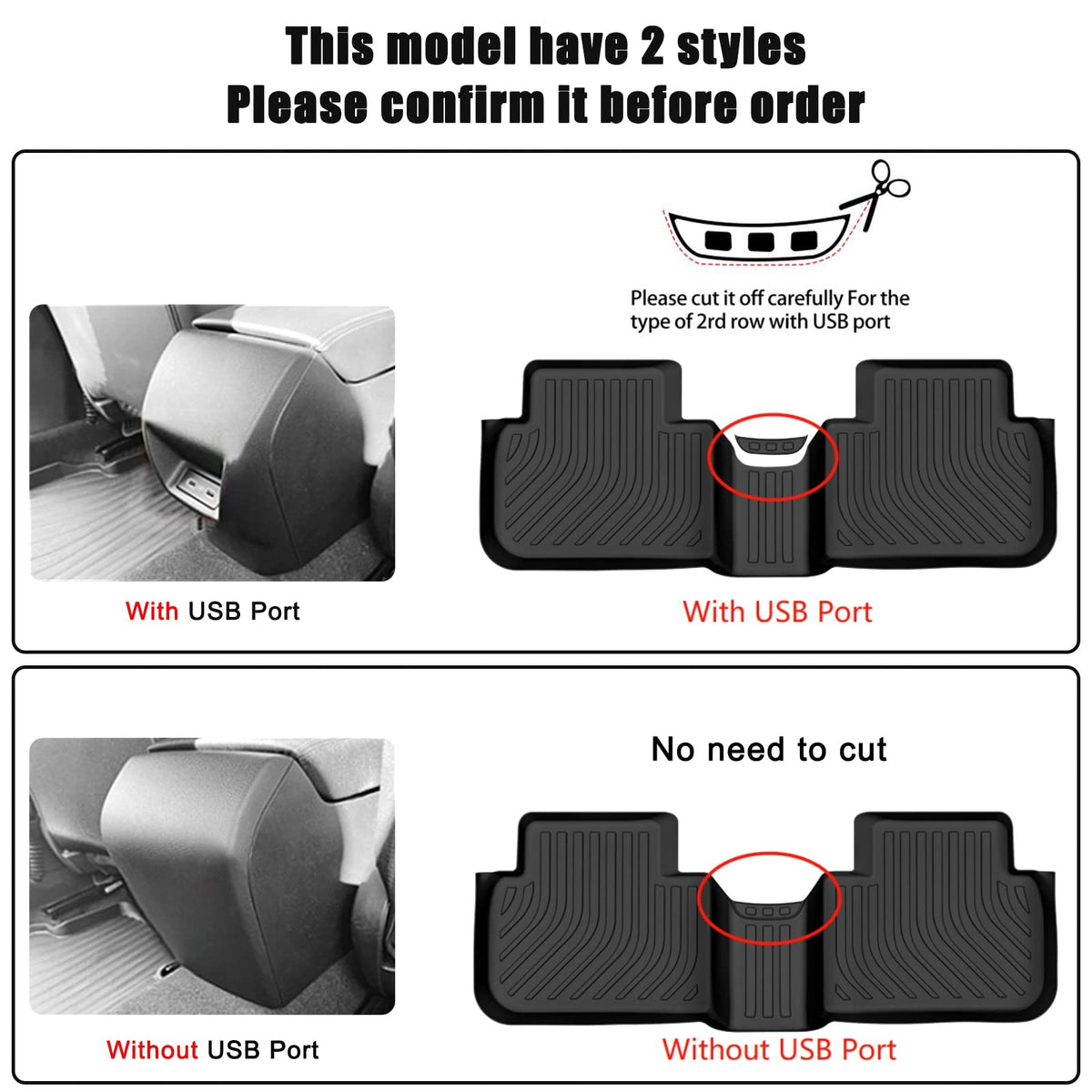 AUXKO rear mats with marked trim line for second-row USB port access and easy modification
