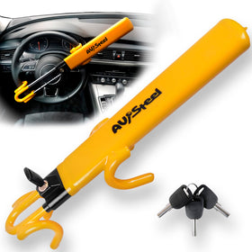 AV Steel front view of steering wheel lock showing sturdy construction and visual deterrent