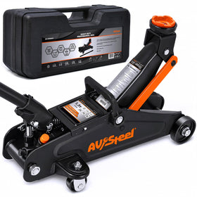 AV Steel front view of floor jack showing compact design and portability