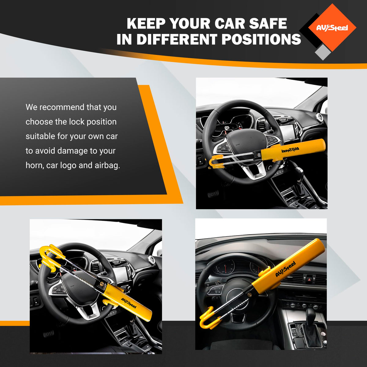 AV Steel lock in parked car demonstrating visible theft deterrent and peace of mind