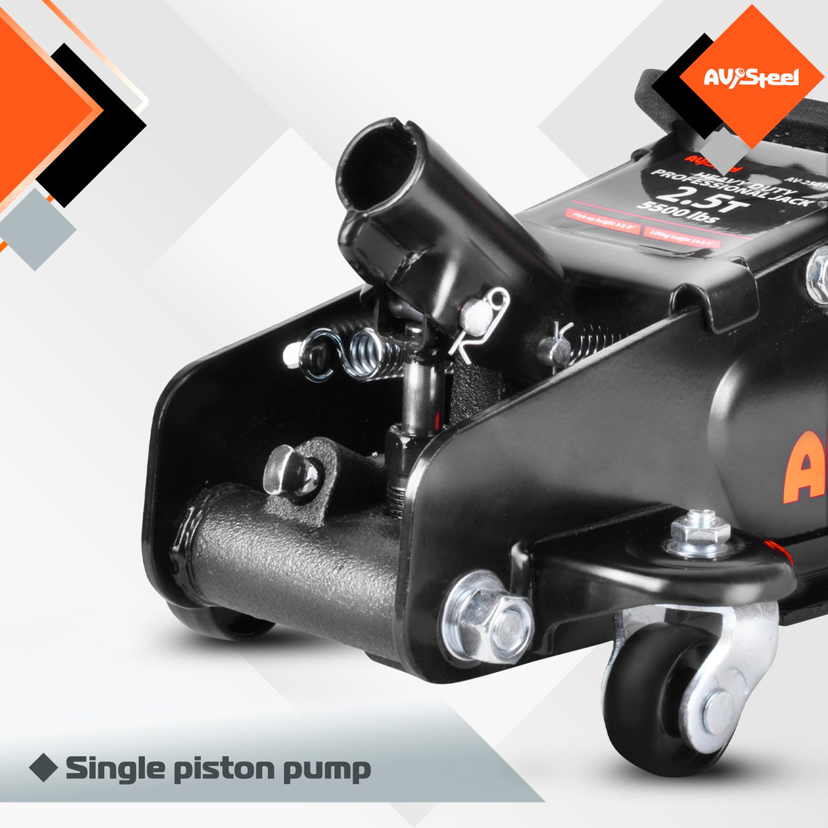 AV Steel wheels and handle detail showing smooth repositioning and ergonomic handling