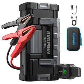 AVAPOW A68 front packaging showing compact jump starter and benefits