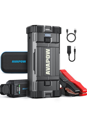 AVAPOW front view showing compact jump starter and benefits of portability