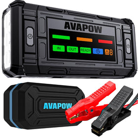 AVAPOW front view showing compact jump starter and handle for easy carry